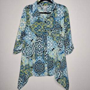 Catherines Womens 0X Blue Button Up Shirt Floral Paisley Bold Artsy Top